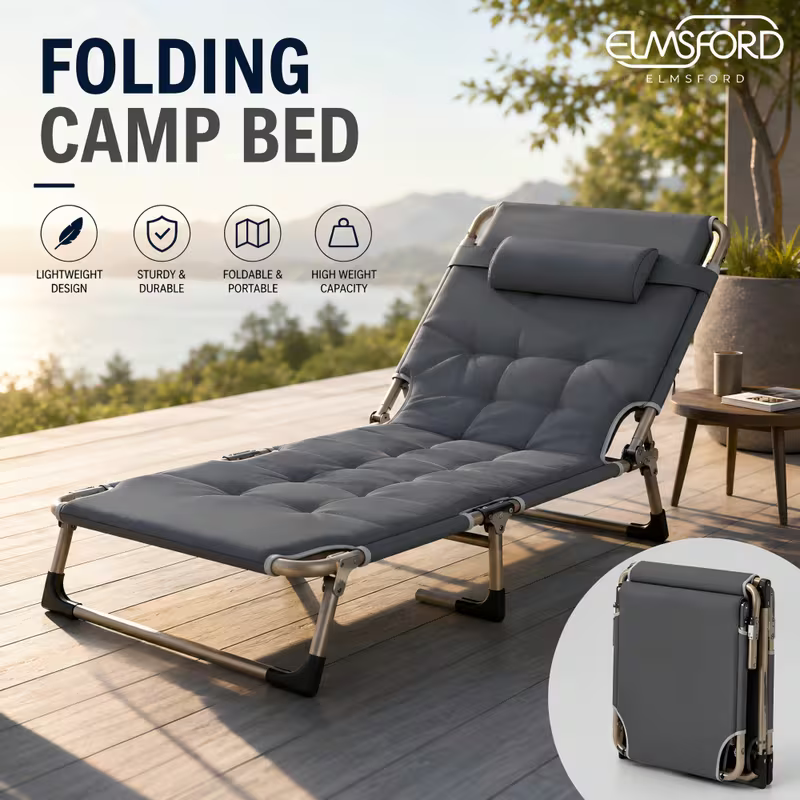 Adjustable Tilt Angle Folding Camping Bed with Pillow. Heavy-Duty Steel Frame
